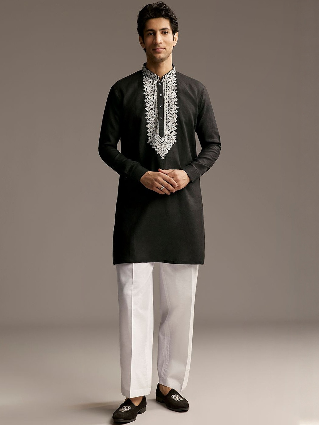 KALKI Fashion Men Resham Work Embroidered Linen Kurta with Pyjama
