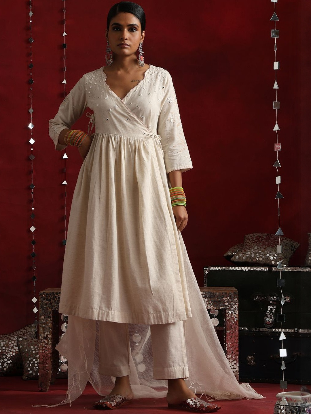 OKHAI Women Ethnic Motifs Moonlit Embroidered Cotton A-Line Kurta with Trousers & Dupatta
