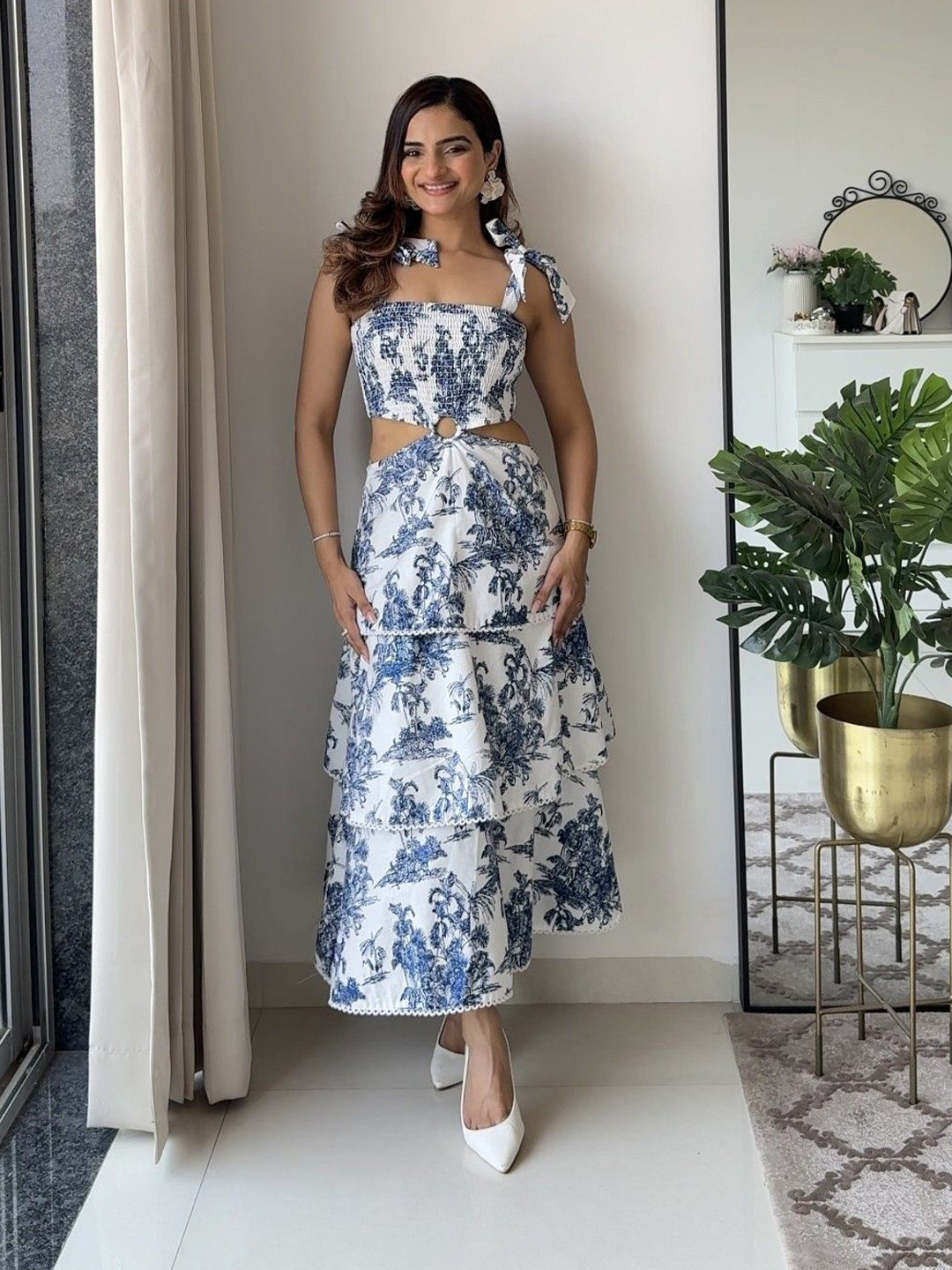 House of Sal Women Blue Tropical Printed Layered & Smocked Linen Fit & Flare Maxi Dress