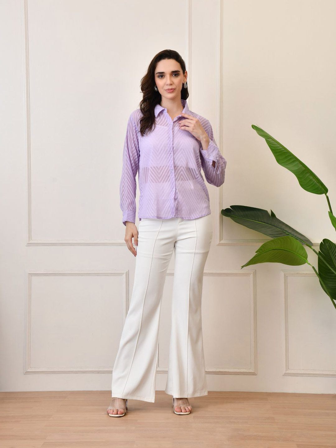 OWL MINK Women Chevron Self Design Spread Collar Casual Shirt