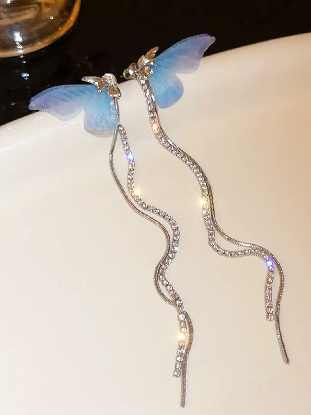 BEYTER Zircon Studded Butterfly Bowknot Shaped Bone Long Chain Drop Earrings