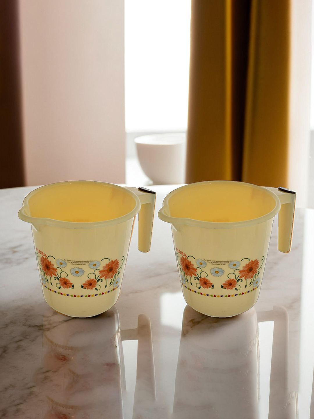 Kuber Industries Cream-Coloured & Red 2 Pieces Flower Printed Bathroom Mug 2L