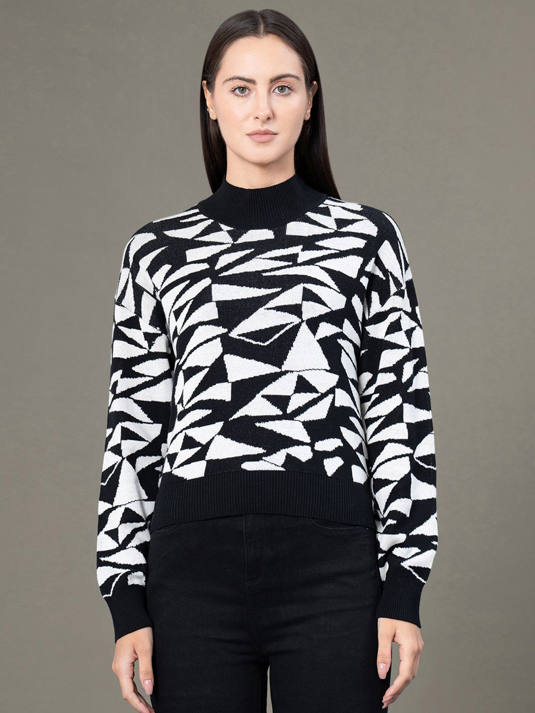Red Tape Women Printed Monochrome High Neck Long Sleeves Cotton Pullover Sweaters