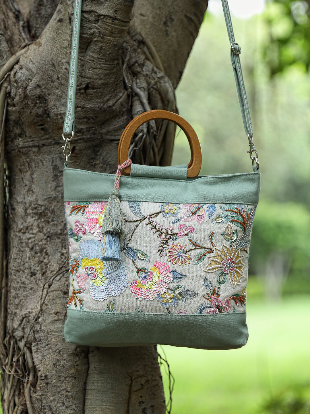 Anekaant Botanical Embellished Cotton Structured Handheld Bag with Tasselled
