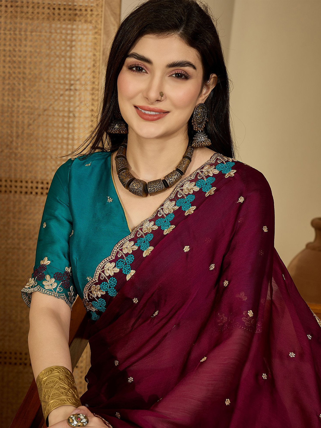 Sangria Women Embroidered Party Sarees With Blouse