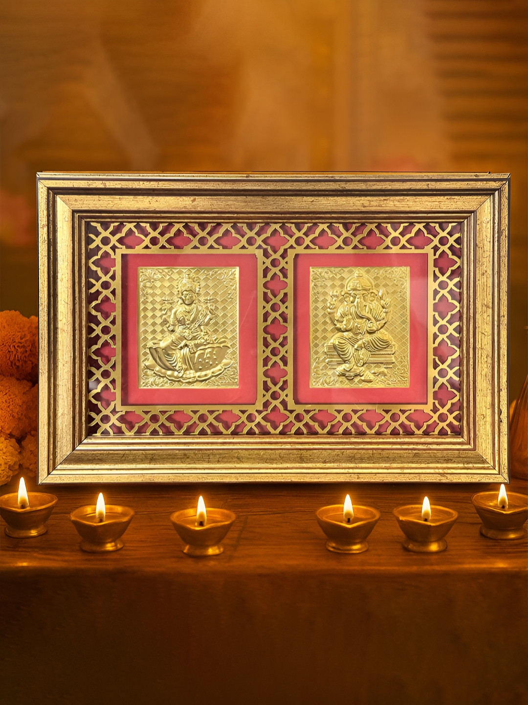 Art Street Gold Toned And Pink Self Design Lakshmi & Ganesh Photo Frame