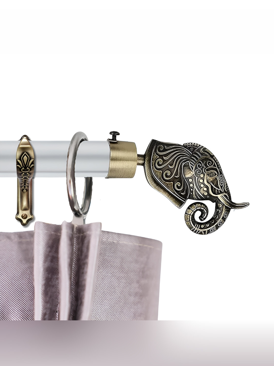GLOXY Brown & White Printed Extendable Curtain Rods With Brackets