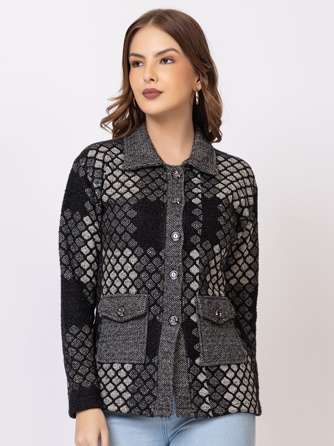 PYRO SPIRIT Women Woollen Shirt Collared Long Sleeves Buttoned Cardigan