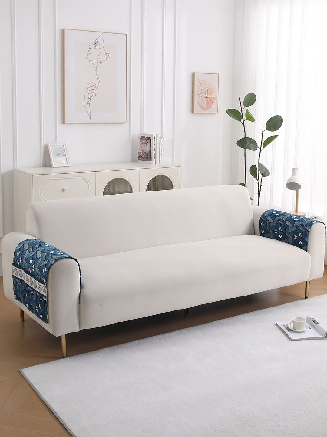 HOKIPO LiefNest Blue 2 Pieces Printed Holland Velvet Sofa Arm Cover with Foam Filling