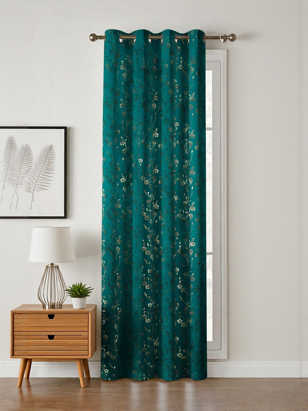 GEET CREATIONS Blue Velvet Floral Printed Fade Resistant Room Darkening Long Door Curtain
