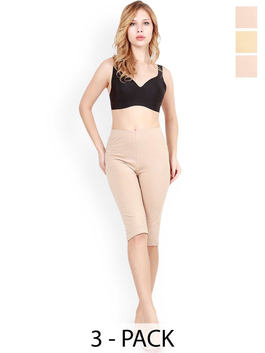 MYBODY Women Pack Of 3 Solid Knee Length Cotton Mid Rise Shorts