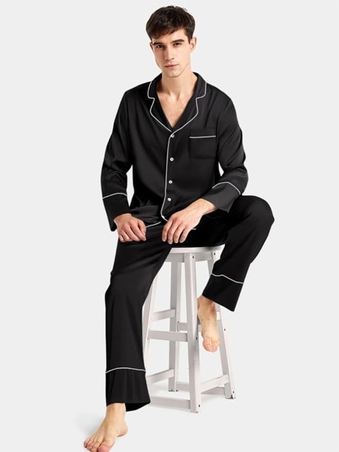 Bella Babe by SK Men Luxury Satin Shirt With Pyjamas Night suit