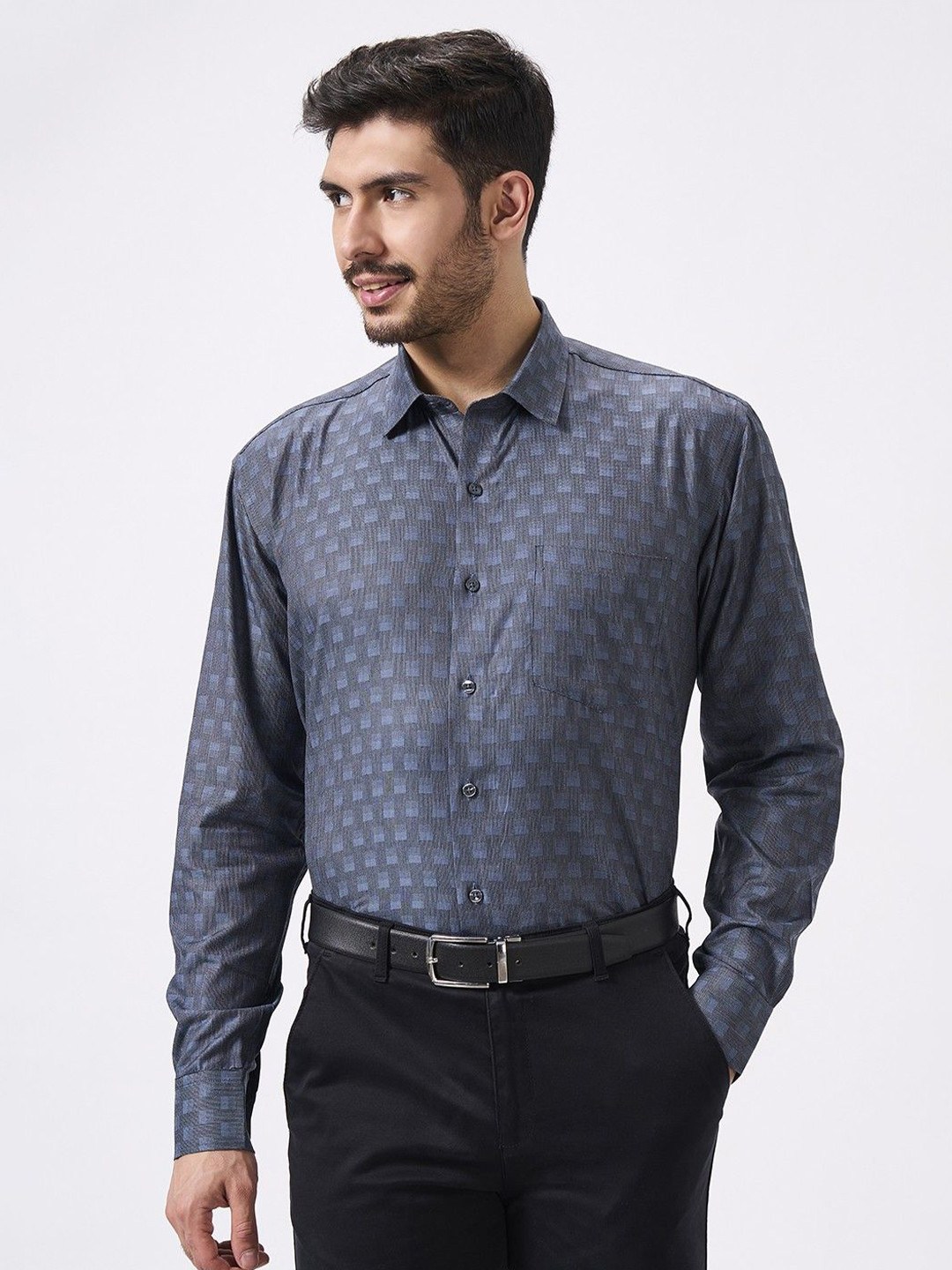 Cottonking Geometric Printed Spread Collar Chest Pocket Cotton Slim Fit Formal Shirt