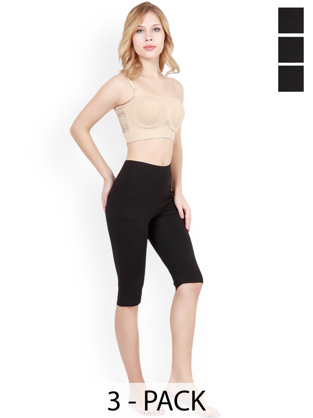 MYBODY Women Pack Of 3 Black Cotton Knee Length Mid Rise Shorts