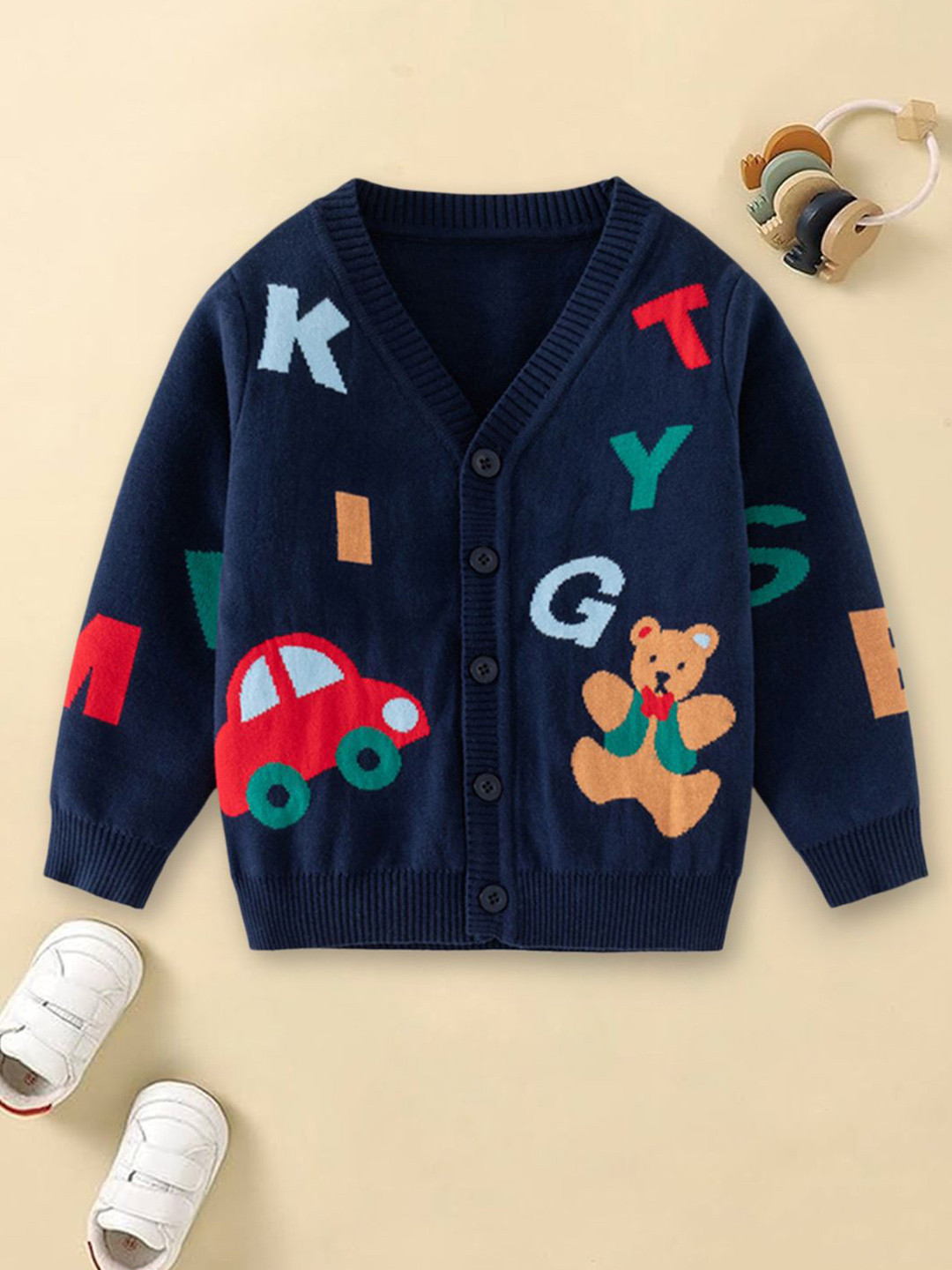 YK Boys Self Design Alphabet Pattern Long Sleeves Cardigan