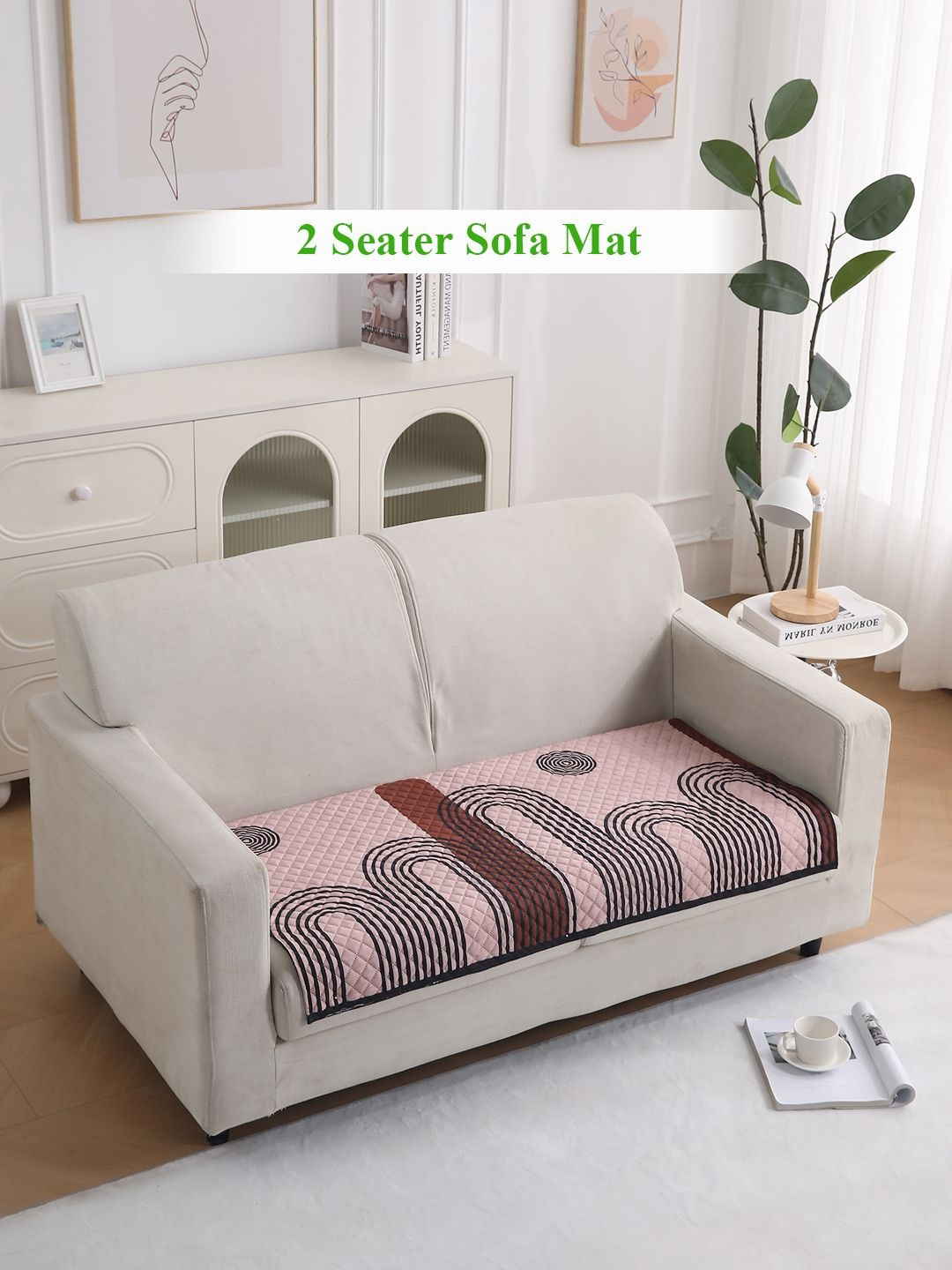 HOKIPO LiefNest Peach Coloured Printed Velvet Sofa Mat for 2 Seater with Foam Filling
