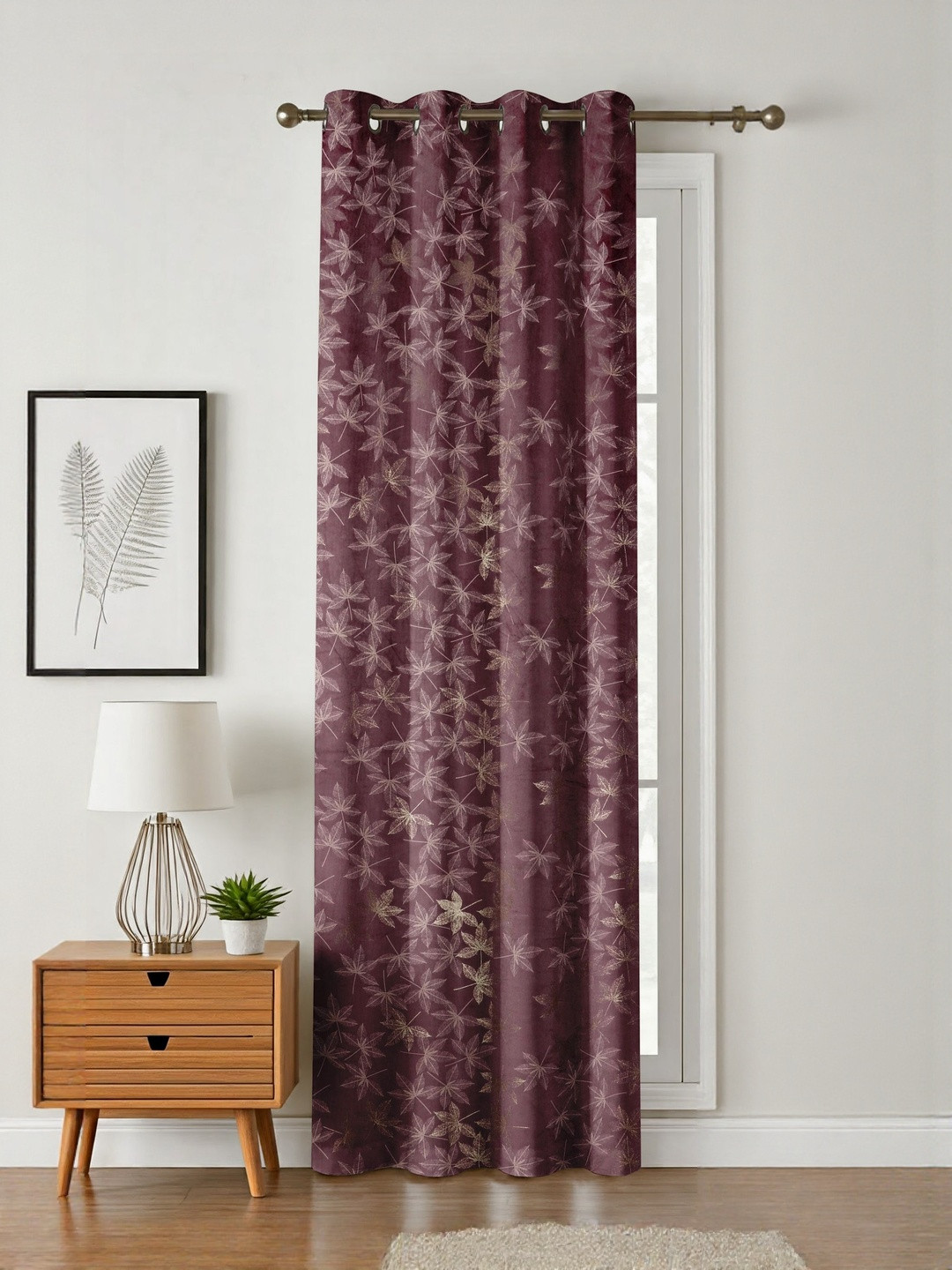 GEET CREATIONS Violet & Gold Leaf Print Room Darkening Door Eyelet Curtain