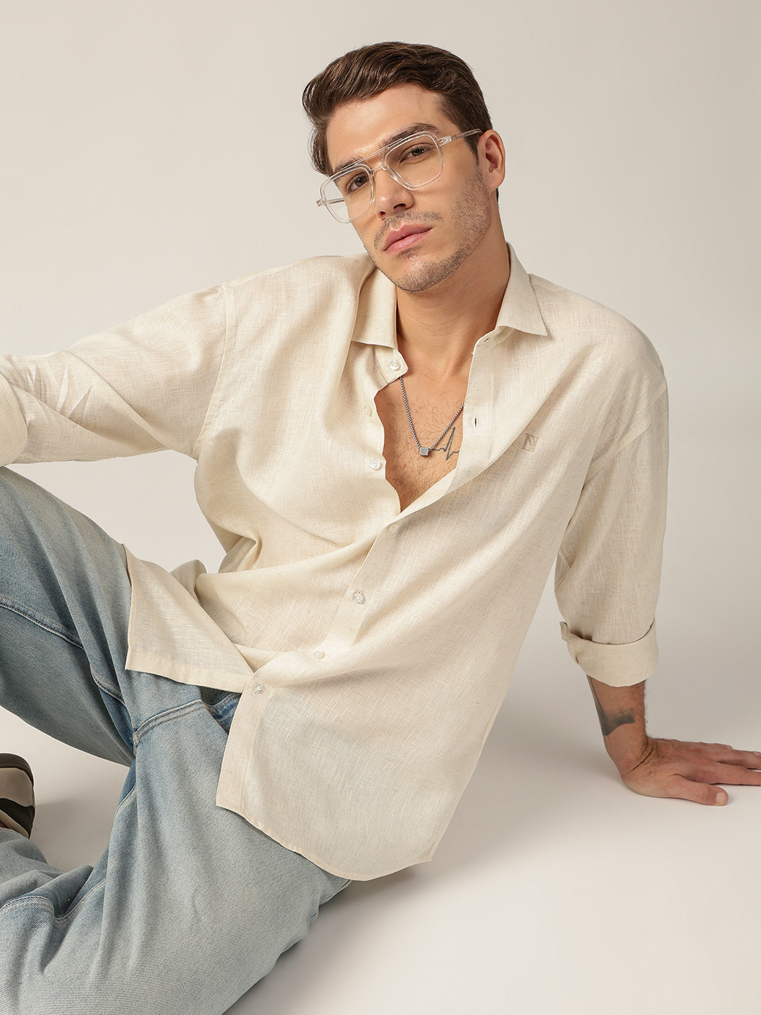 DENNISON Soread Collar Comfort Relaxed Fit Lyocell Linen Casual Shirt