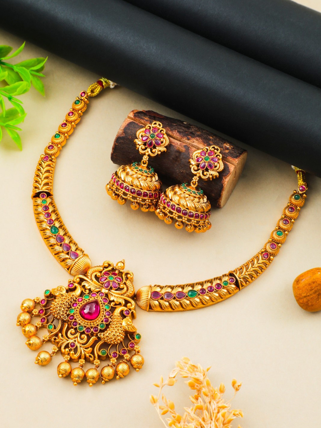 South Temple Jewellery Gold-Plated Artificial Stones Studded & Beaded Temple Jewellery Set