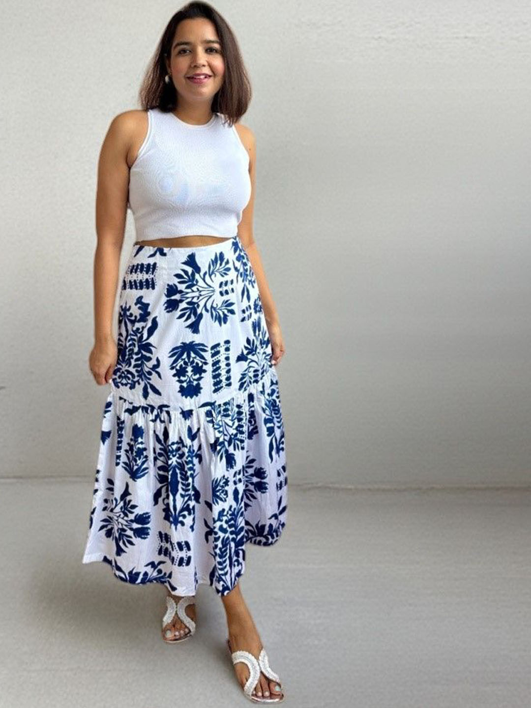 Label Tanvee Indigo Garden Cotton Frill Midi Skirt