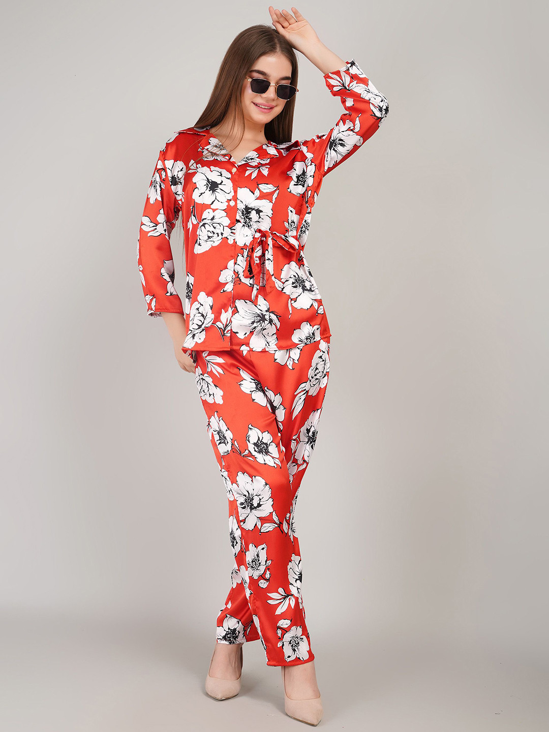 Gora Glama Printed Shawl Neck Satin Shirt With Trouser