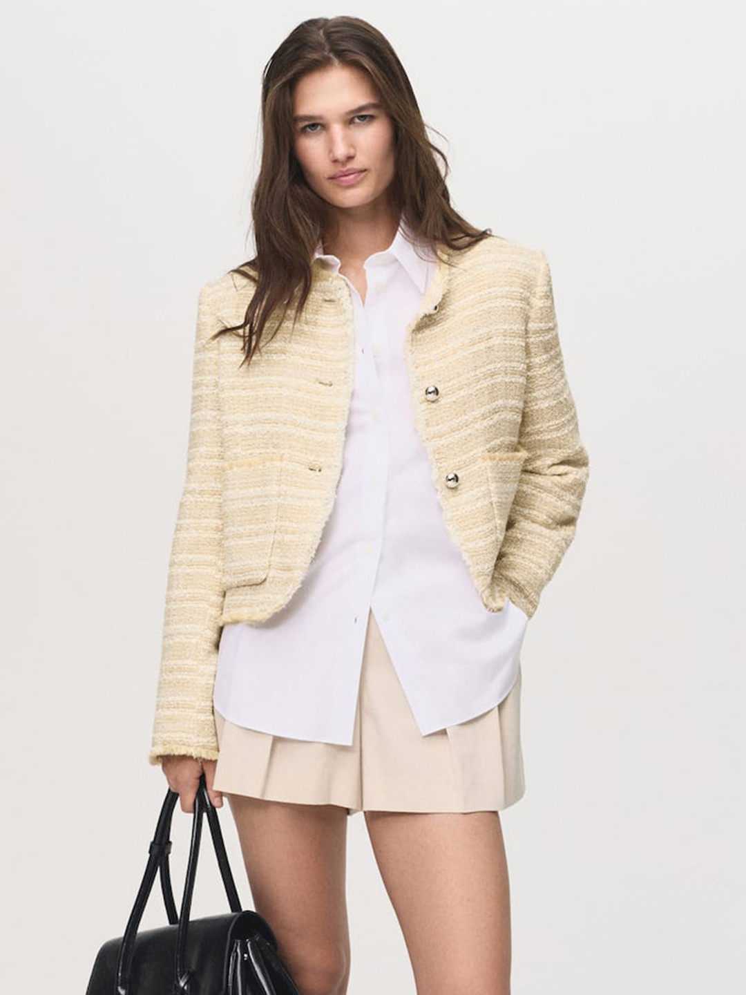 MANGO Jewel Buttons Tweed Collarless Jacket