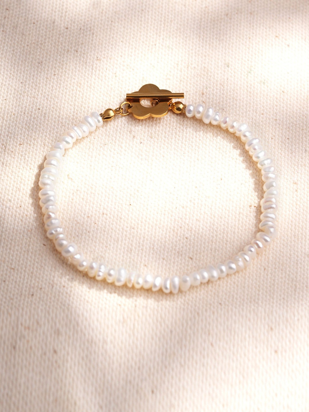PALMONAS Gold-Plated Stainless Steel Pearls Beaded Waterproof & Anti-Tarnish Link Bracelet