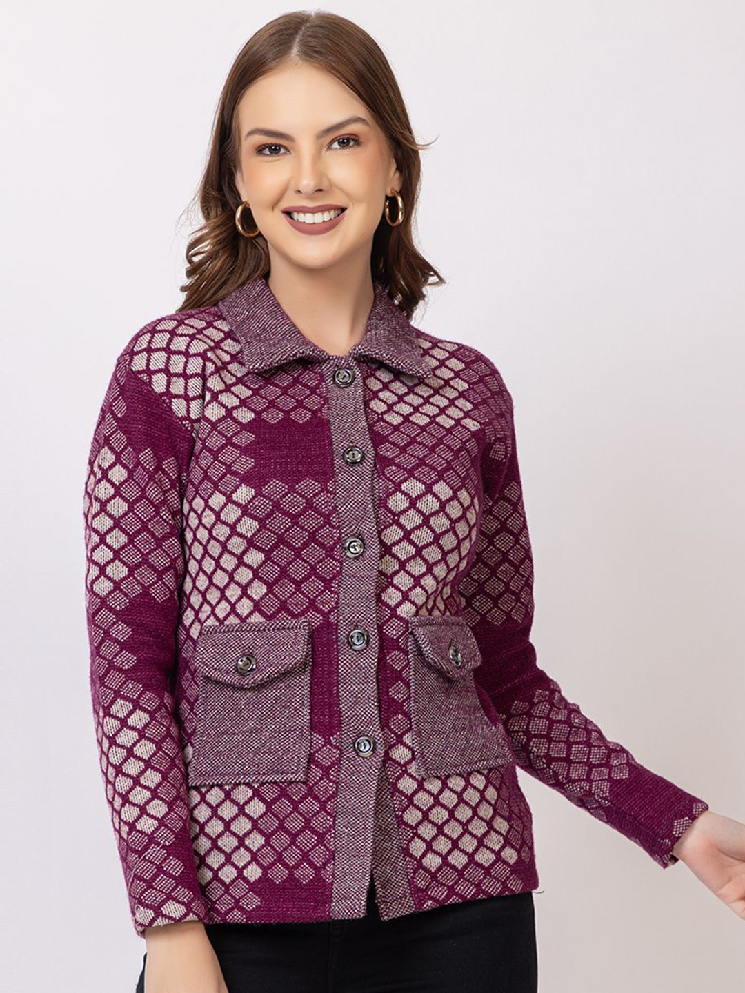 PYRO SPIRIT Women Shirt Collar Style Checkered Woollen Cardigan