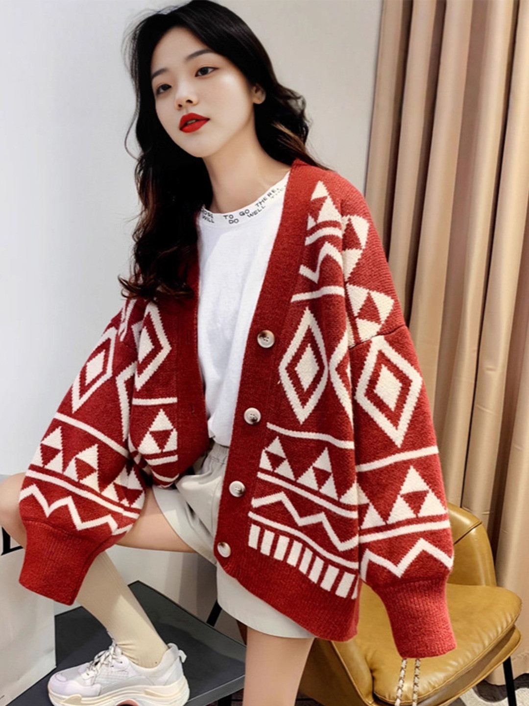 Mast & Harbour Women Collarless Geometric Self Design Open Front Sweater