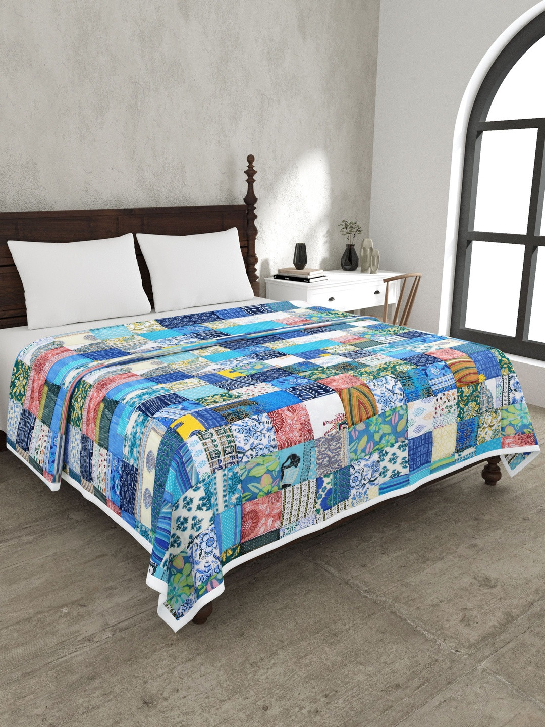 The Craft Monk Blue & White Patchwork Pure Cotton 300 GSM AC Room Double Bed Dohar
