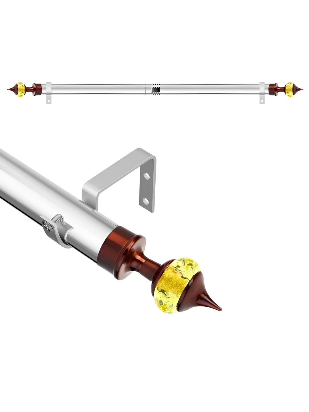 GLOXY Yellow & Brown Printed Extendable Curtain Rod With Bracket