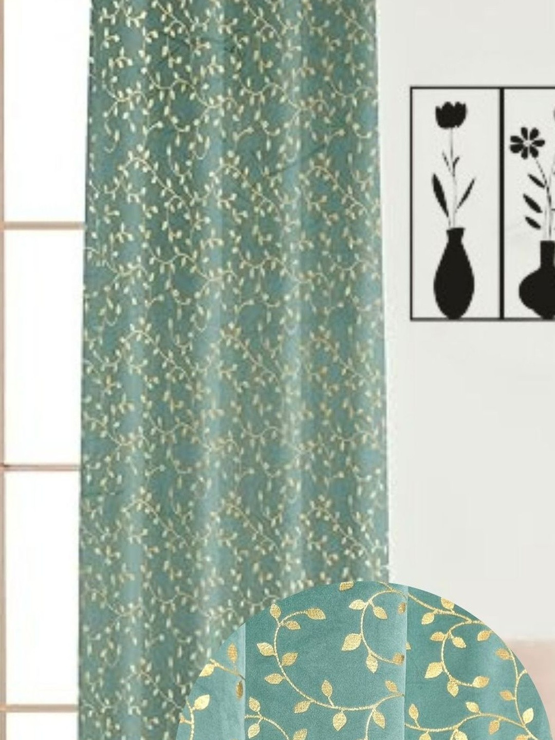 GEET CREATIONS Green & Gold-Toned Floral Room Darkening Window Eyelet Velvet Curtain