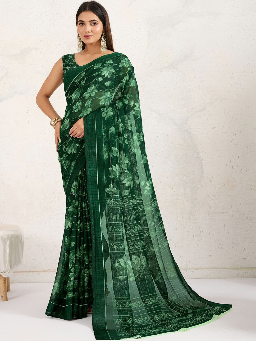 100 Dreams Floral Printed Zari Saree With Matching Blouse Piece