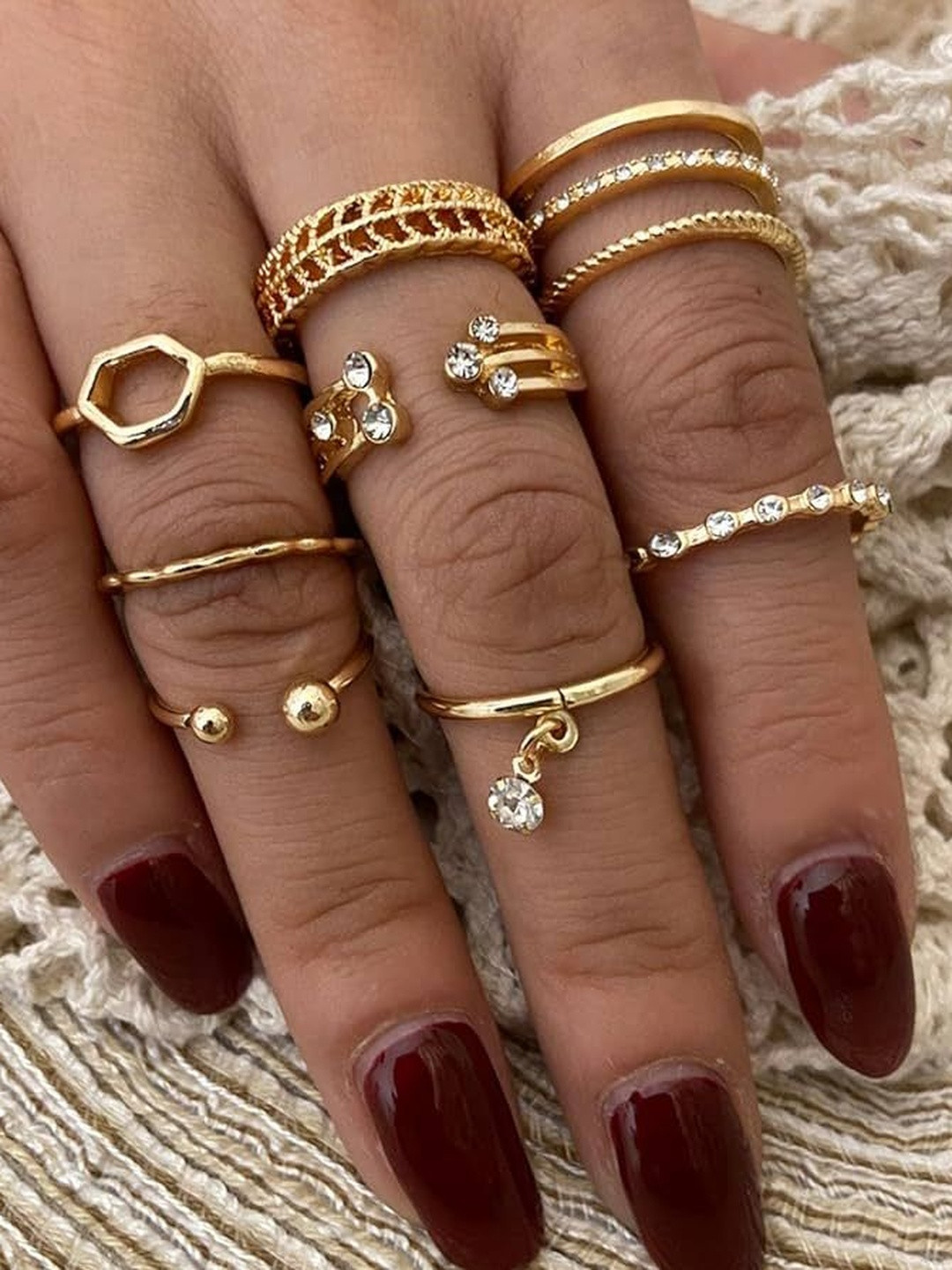 DressBerry Set of 8 Gold-Plated American Diamond Stone-Studded Finger Rings
