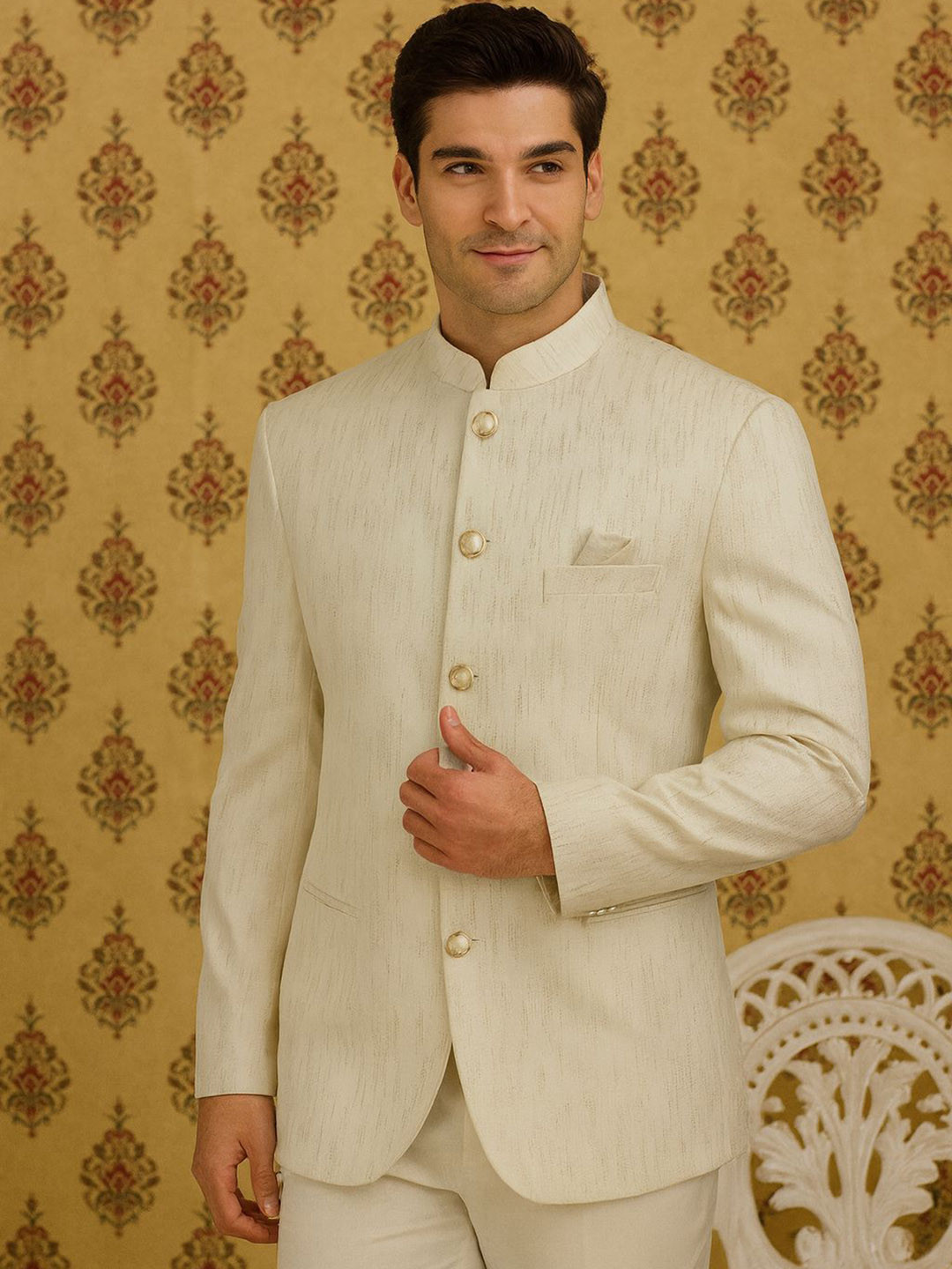 SHAHI ACHKAN Self-Design Mandarin Collar Long Sleeves Comfort Fit Blazer