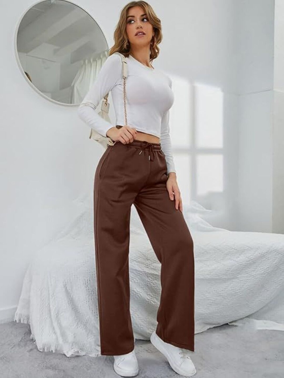 ABEEHAS Women Mocha Mousse Loose Fit Trousers With Drawstring