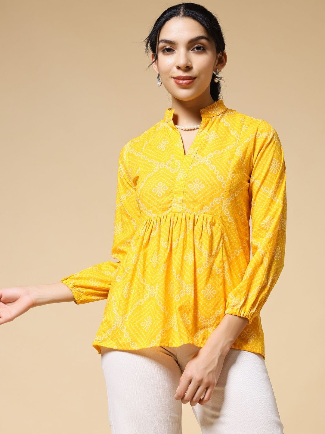 Yellow Ethnic Motif V-Neck Empire Top