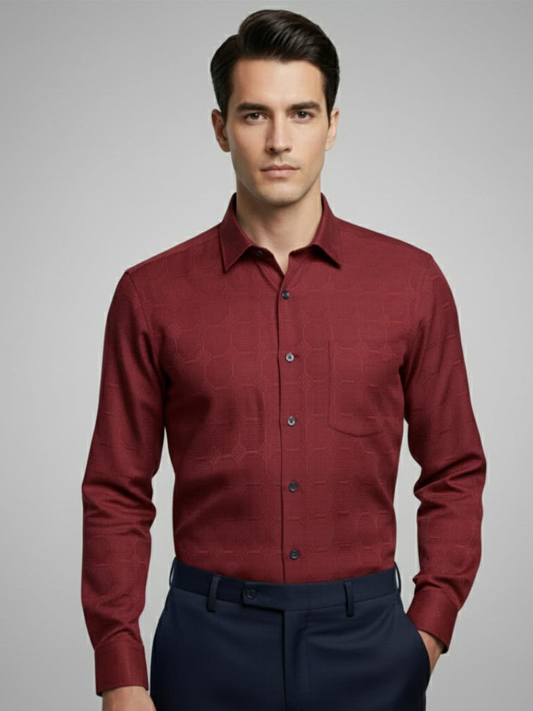 Yugnik Men Smart Slim Fit Textured Spread Collar Cotton Formal Shirt