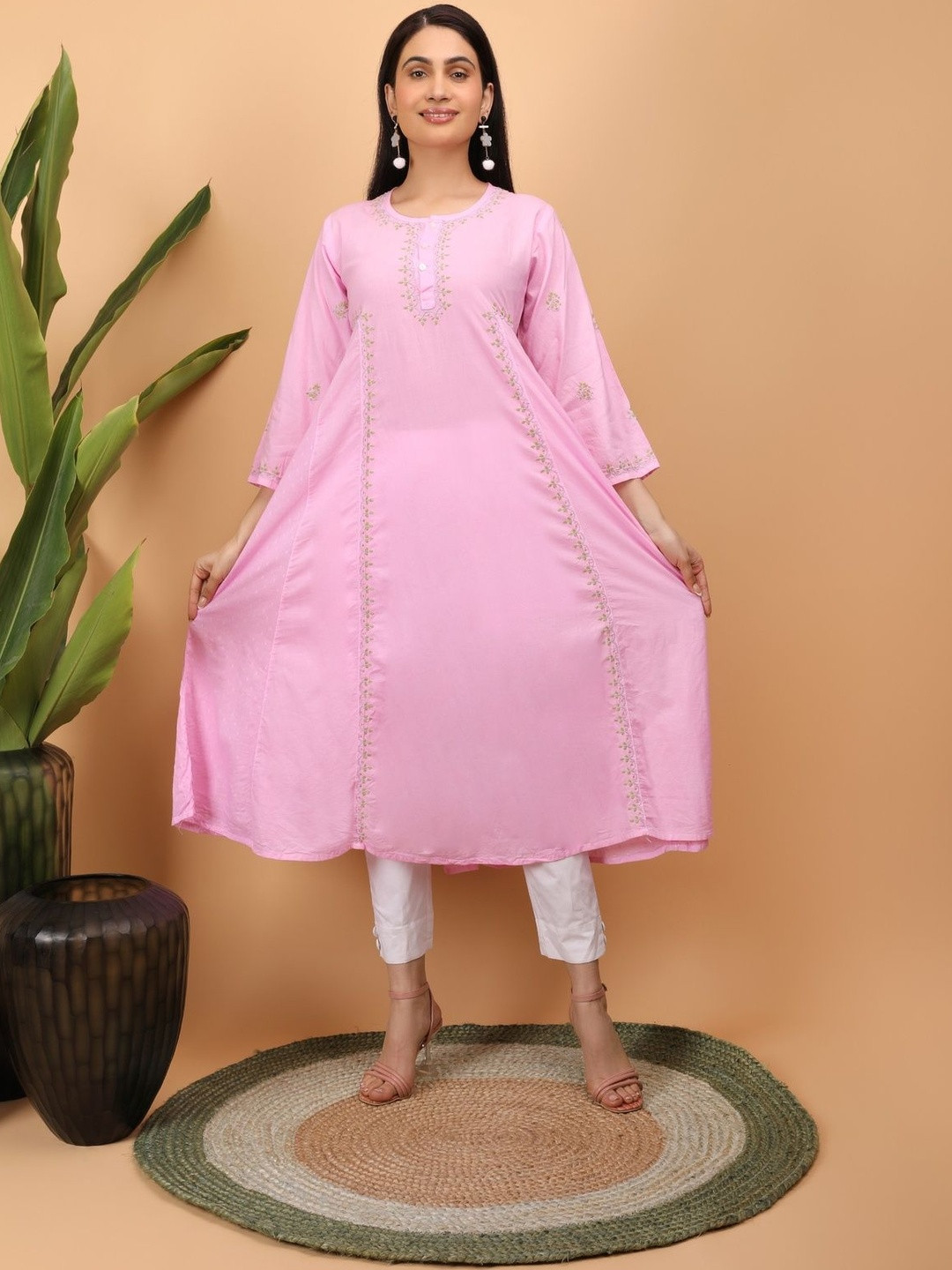 SHWET Women Embroidered Chikankari Motifs Festive Cotton A-Line Kurta