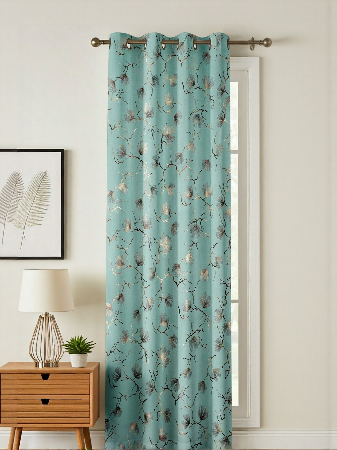 GEET CREATIONS Blue & Gold Botanical Room Darkening Long Door Curtain