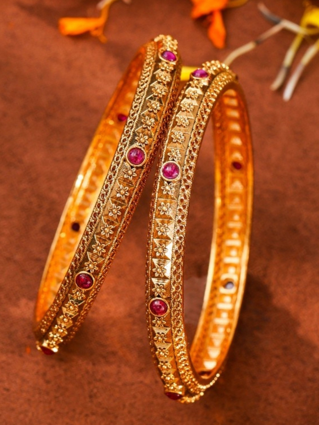 South Temple Jewellery Set of 2 Gold-Plated Artificial Stones Studded Textured Bangles