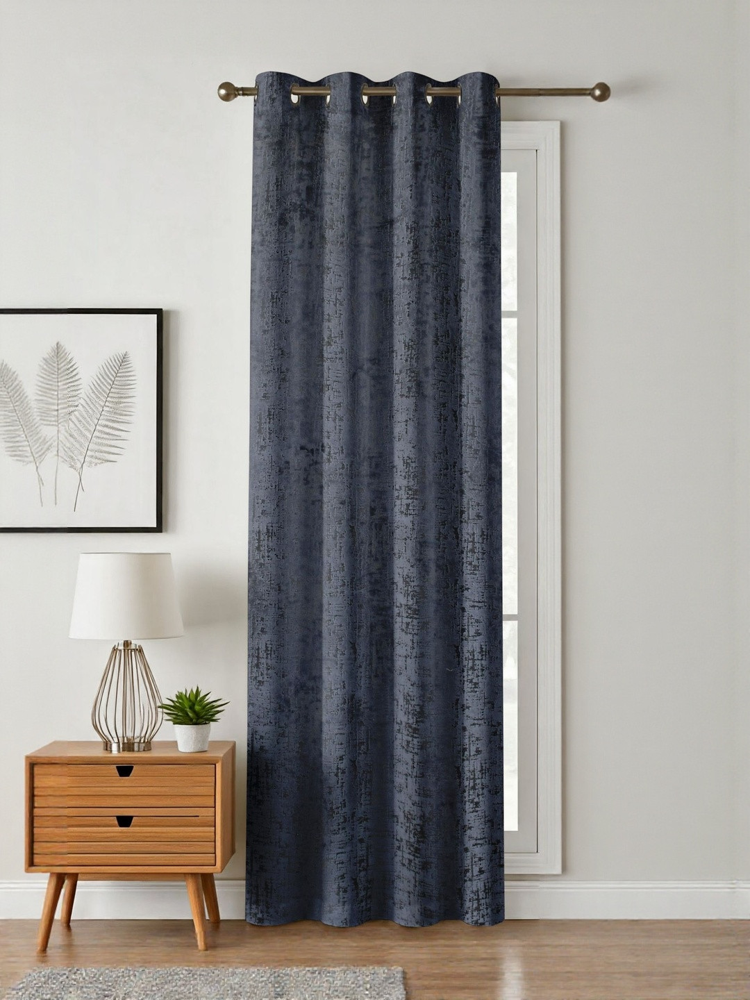 GEET CREATIONS Blue Self Design Room Darkening Long Door Eyelet Curtain