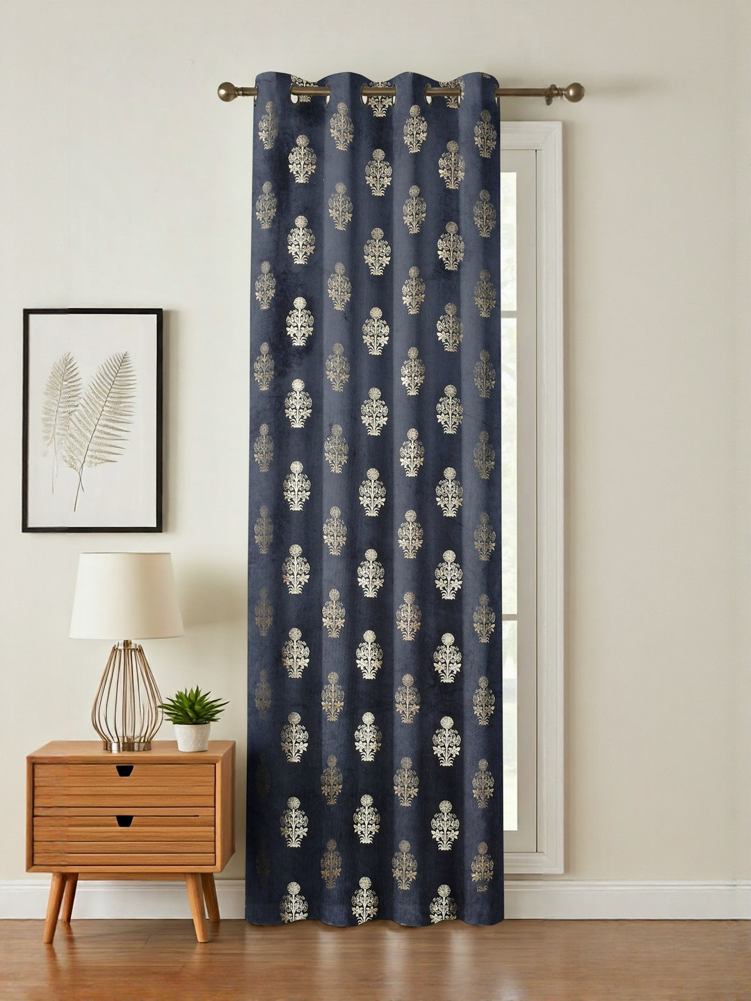 GEET CREATIONS Navy Blue Printed Fade Resistant Velvet Room Darkening Door Curtain
