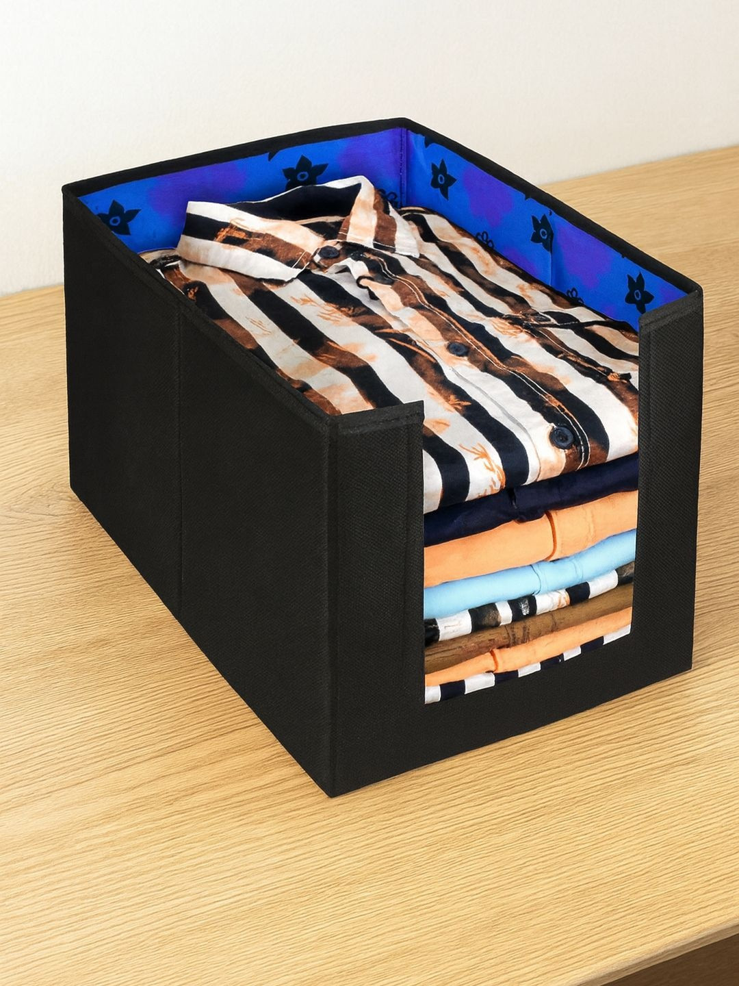 Kuber Industries Black & Blue Flower Printed Foldable Shirt Closet Organisers