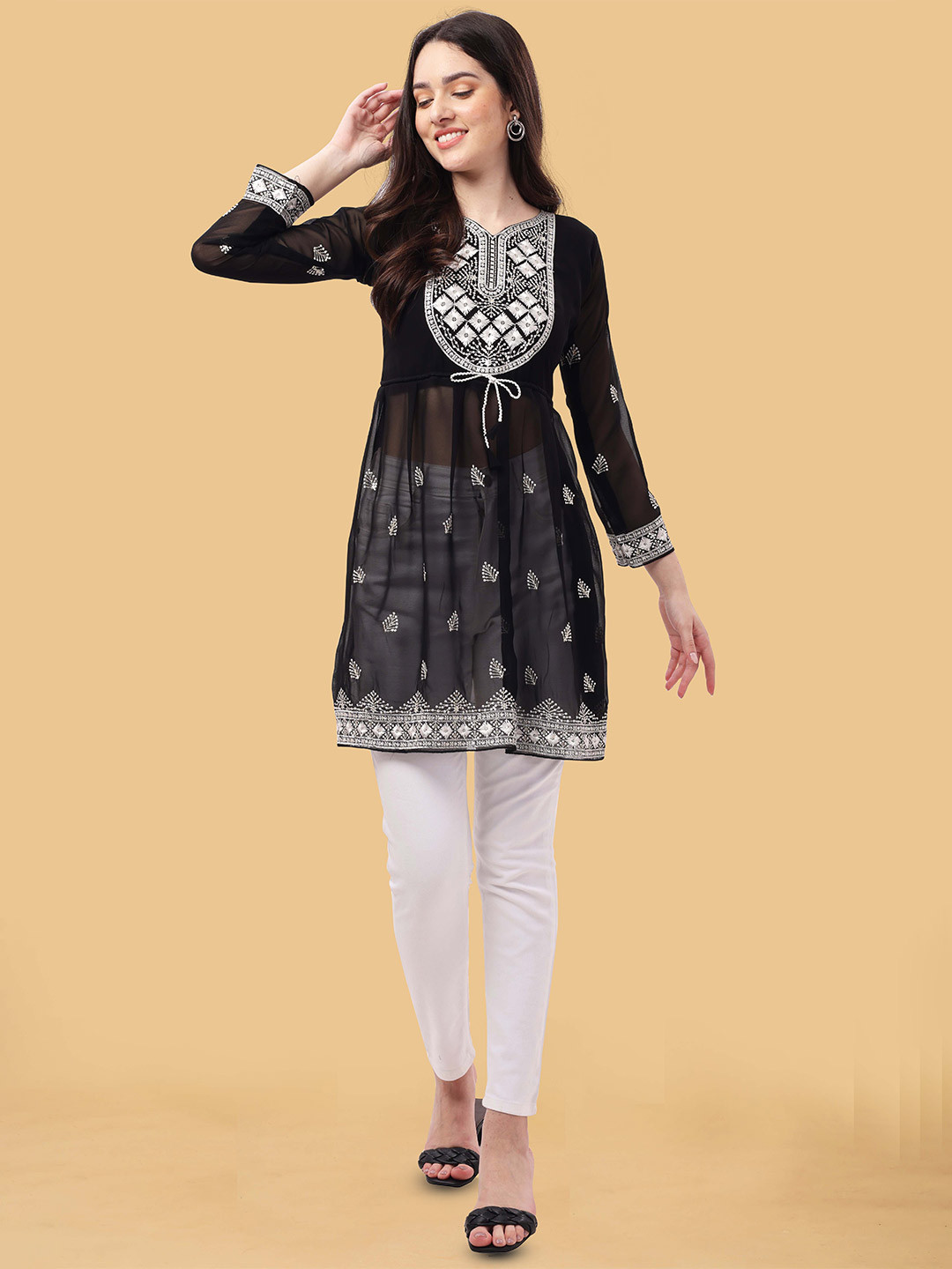 KHODI LIFESTYLE Woven Design Three-Quarter Sleeves Embroidered Kurta