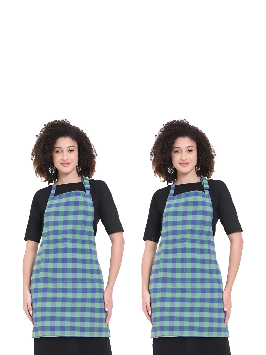 DESNUDA Set of 2 Green & Blue Checked Waterproof Kitchen Aprons