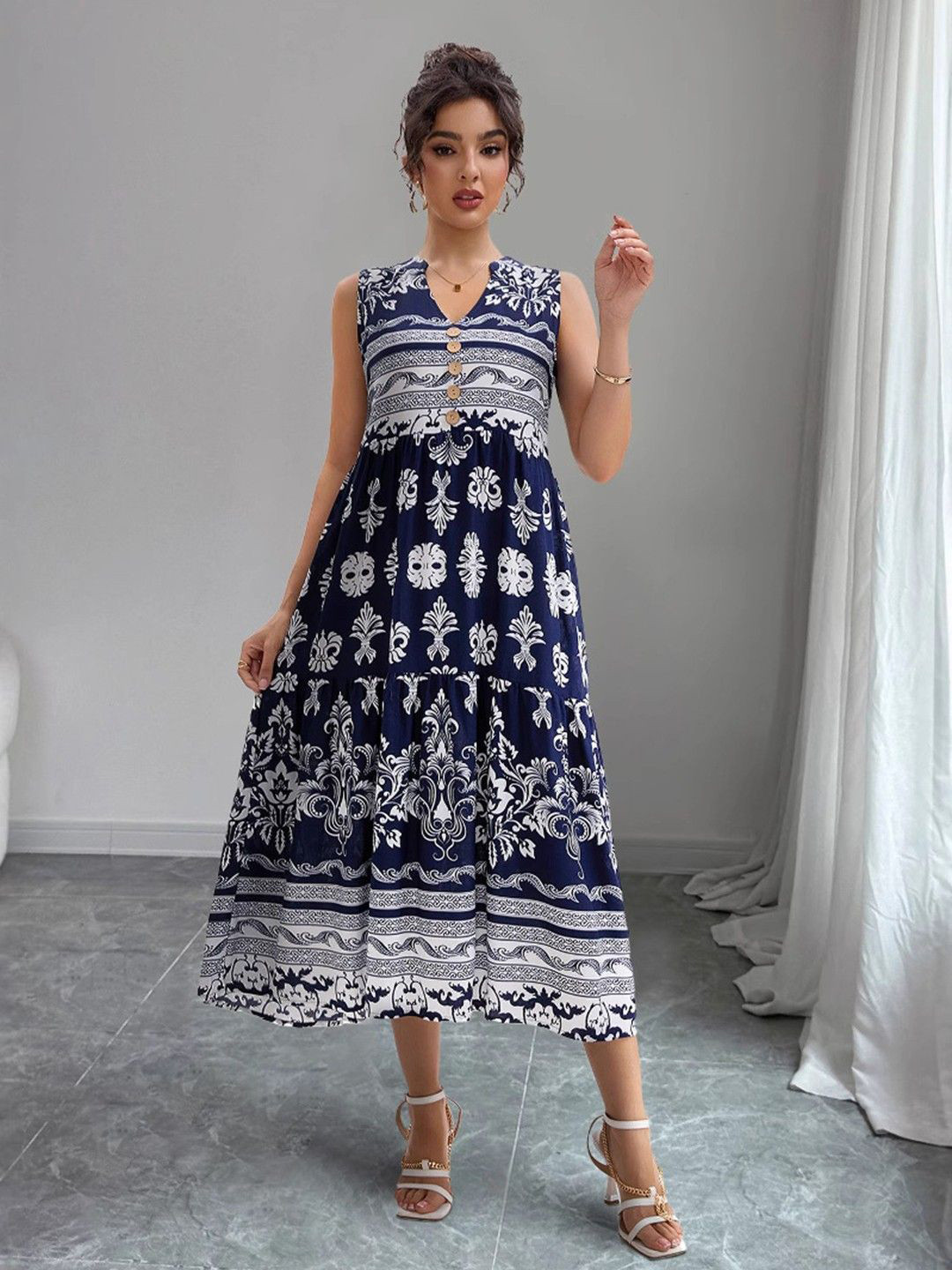 all about you Bohemian Printed sleeveless A-Line Midi Dress