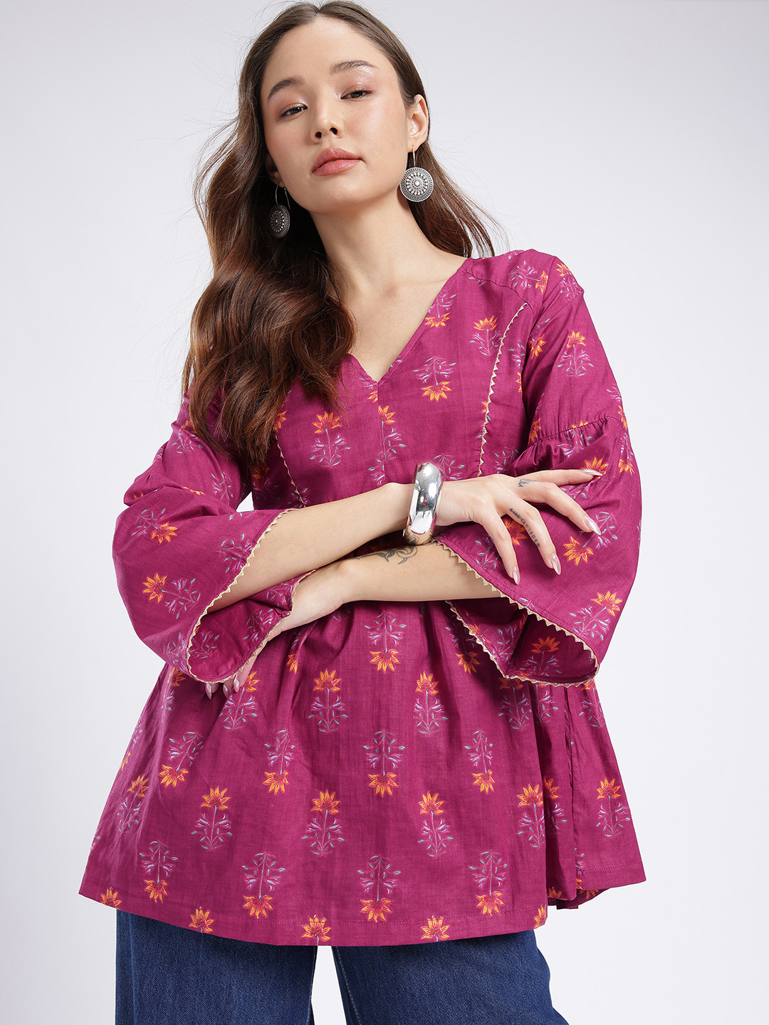 fusion by glitchez Floral Printed V-Neck Gota Patti Detail A-Line Top