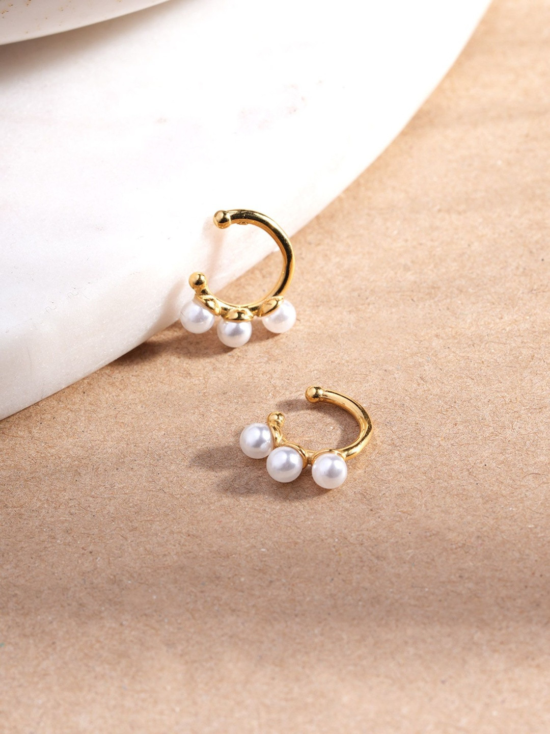PALMONAS Gold-Plated Stainless Steel Waterproof & Anti-Tarnish TrioPearl Ear Cuff Earrings