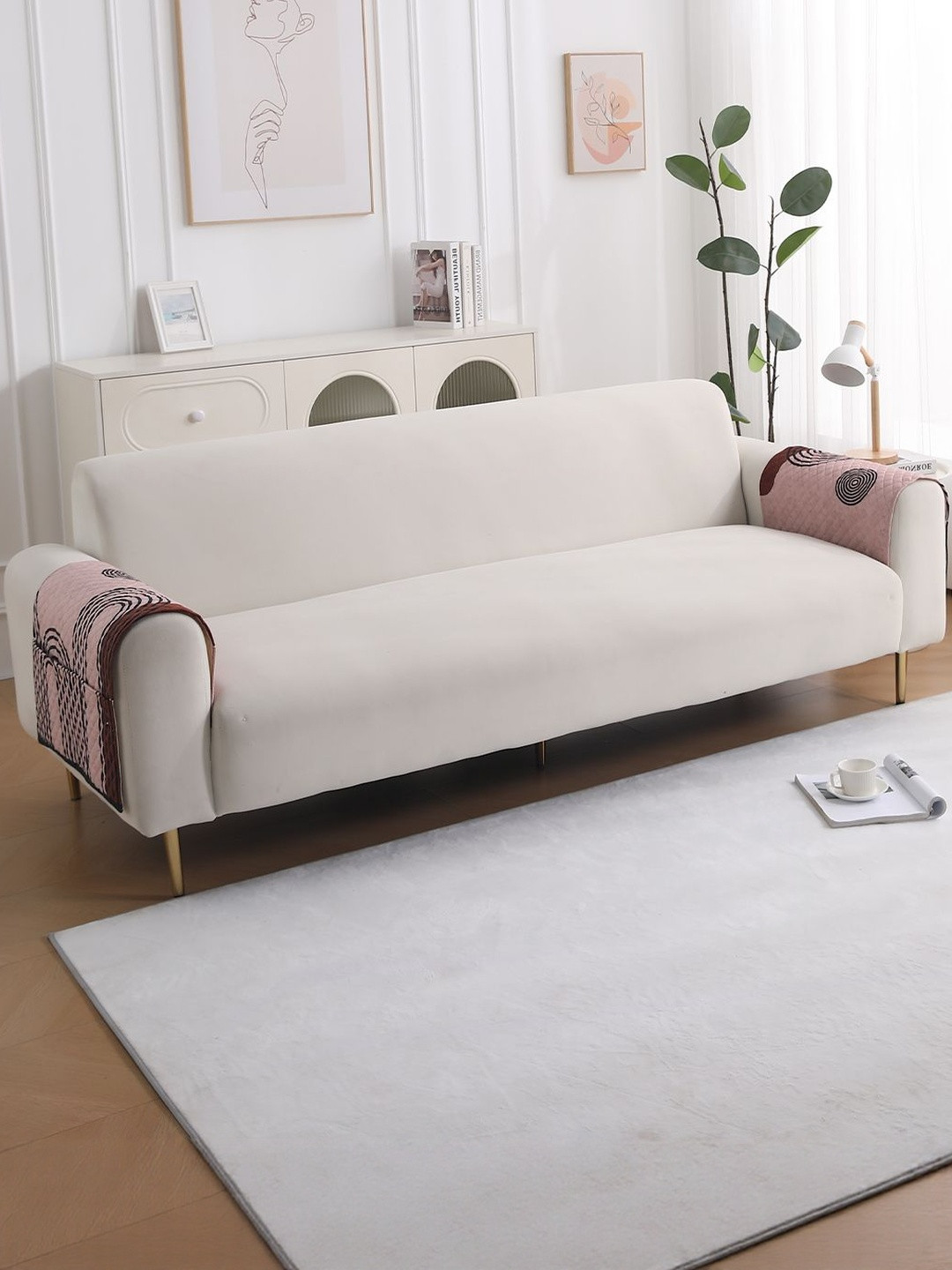 HOKIPO LiefNest Peach-Coloured Printed Velvet 2 Pcs Sofa Arm Cover with Foam Filling